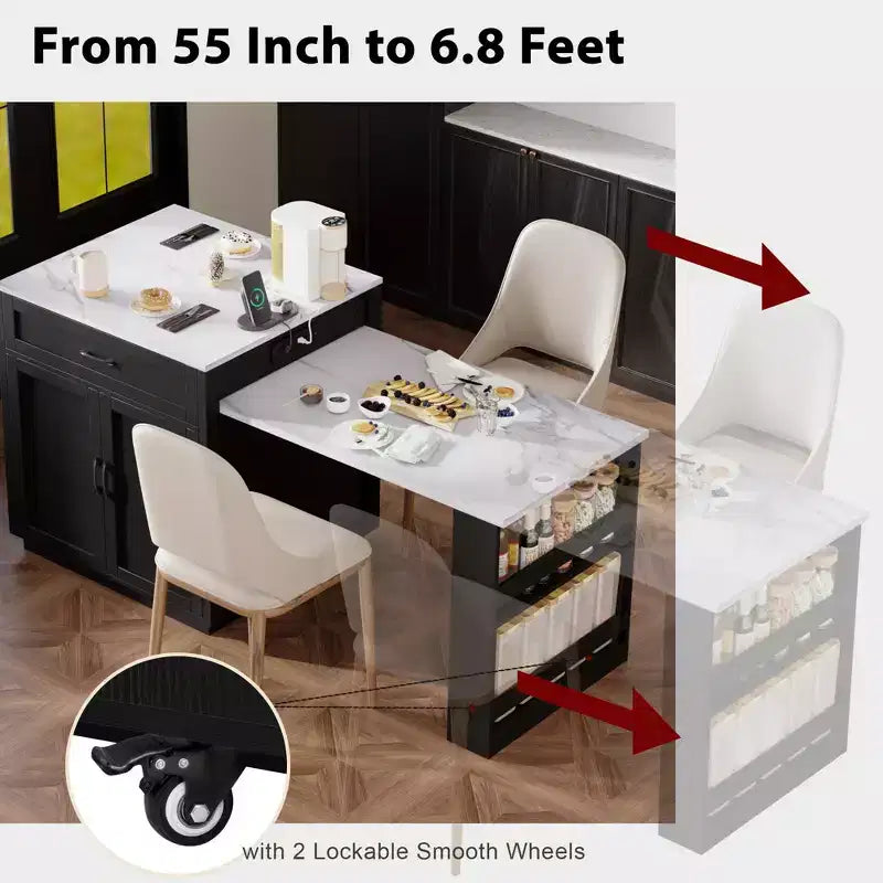 Îlot de cuisine blanc 82,7 po avec table à manger extensible pour 4-6 personnes, table de cuisine bicolore à rangement double