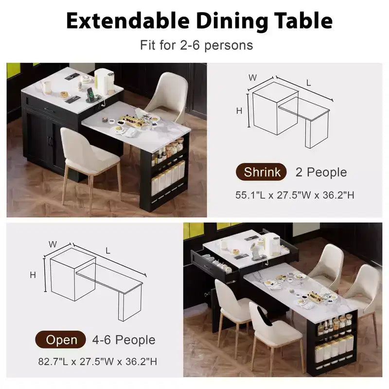 Îlot de cuisine blanc 82,7 po avec table à manger extensible pour 4-6 personnes, table de cuisine bicolore à rangement double
