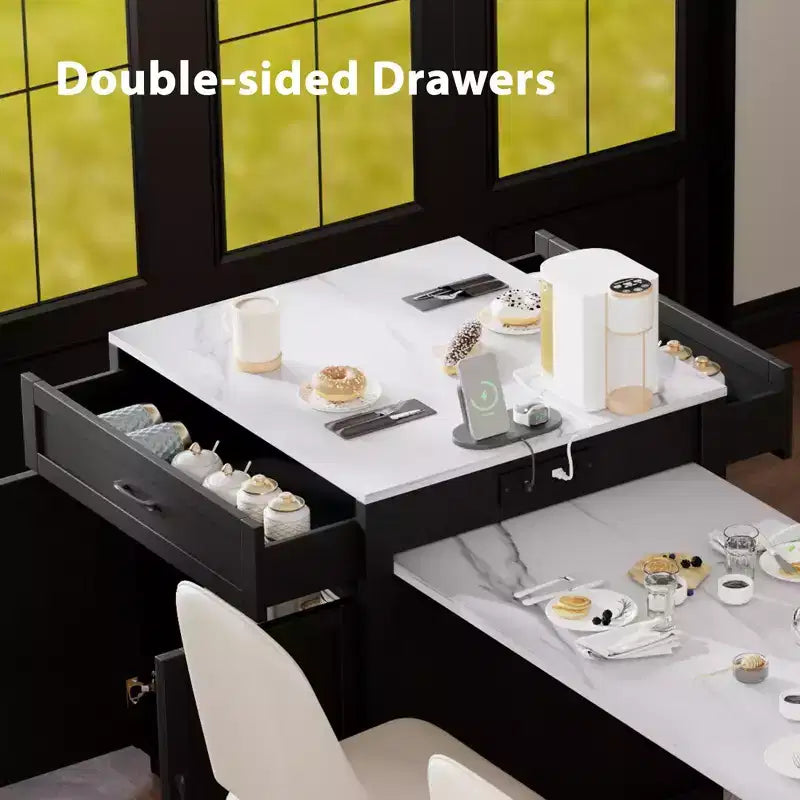Îlot de cuisine blanc 82,7 po avec table à manger extensible pour 4-6 personnes, table de cuisine bicolore à rangement double