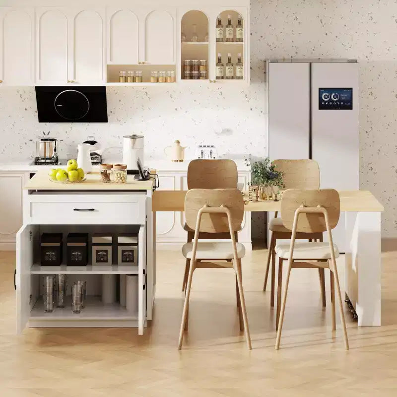 Îlot de cuisine blanc 82,7 po avec table à manger extensible pour 4-6 personnes, table de cuisine bicolore à rangement double