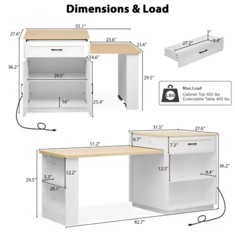 Îlot de cuisine blanc 82,7 po avec table à manger extensible pour 4-6 personnes, table de cuisine bicolore à rangement double