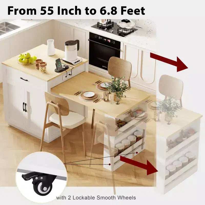 Îlot de cuisine blanc 82,7 po avec table à manger extensible pour 4-6 personnes, table de cuisine bicolore à rangement double