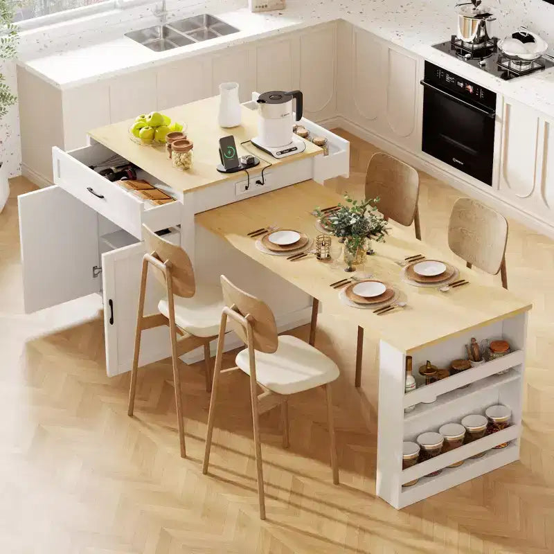 Îlot de cuisine blanc 82,7 po avec table à manger extensible pour 4-6 personnes, table de cuisine bicolore à rangement double