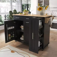 Îlot de cuisine noir avec abattant, organisateur de placard à 3 niveaux, chariot de cuisine roulant sur roues pour salle à manger de cuisine