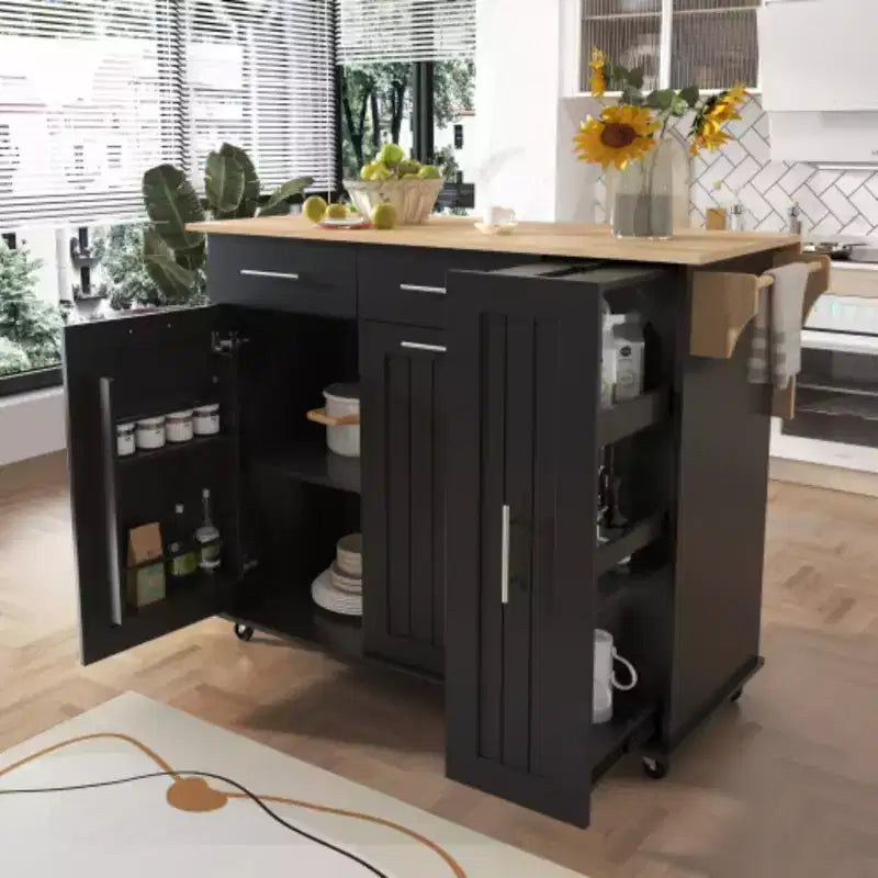 Îlot de cuisine noir avec abattant, organisateur de placard à 3 niveaux, chariot de cuisine roulant sur roues pour salle à manger de cuisine