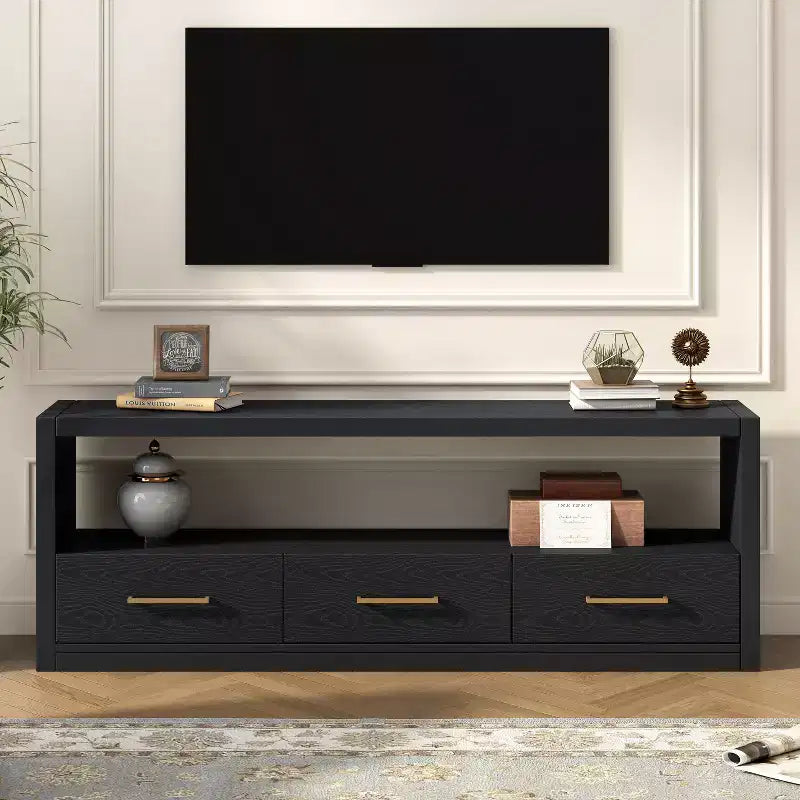 Meuble TV 74 W, console TV, armoire de rangement, centre de divertissement, buffet avec 3 tiroirs et étagère ouverte, marron/noir/gris - Christopher Knight Home