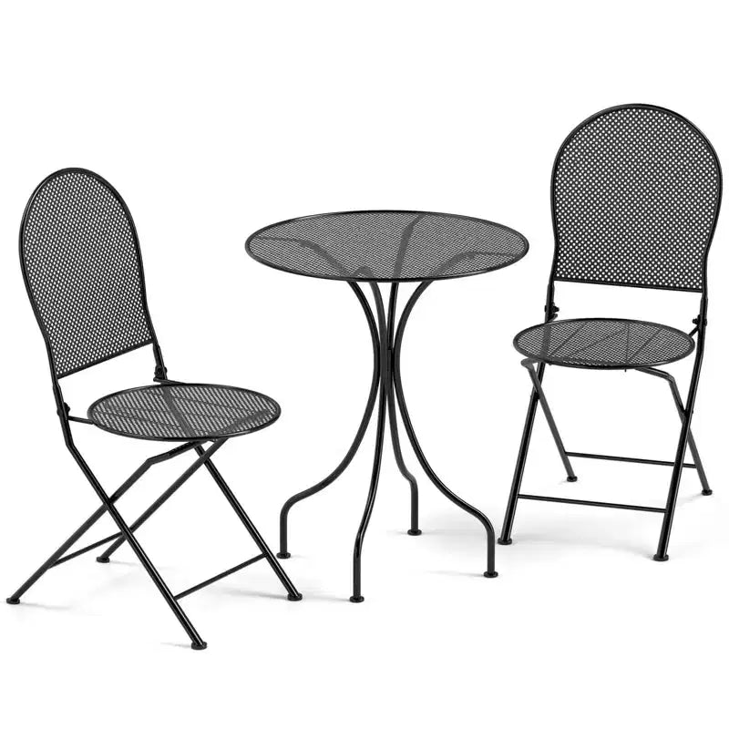 Costway Ensemble Bistro 3 Pièces en Métal Table Ronde & 2 Chaises Pliantes Motif Rotin Noir/Blanc