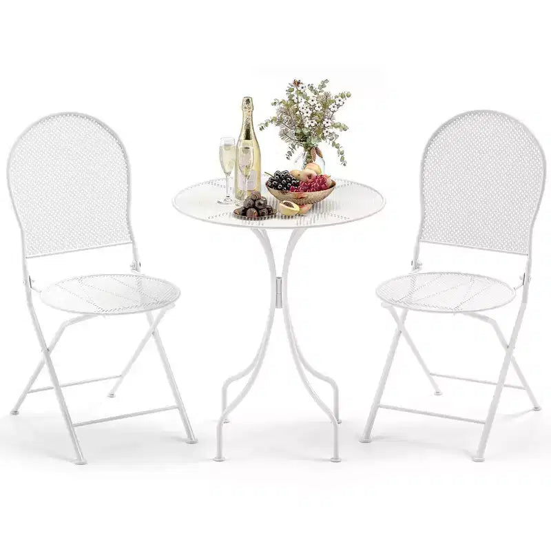 Costway Ensemble Bistro 3 Pièces en Métal Table Ronde & 2 Chaises Pliantes Motif Rotin Noir/Blanc