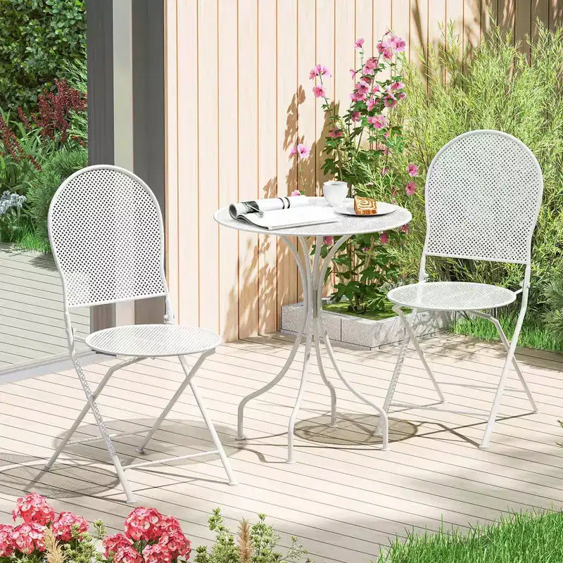 Costway Ensemble Bistro 3 Pièces en Métal Table Ronde & 2 Chaises Pliantes Motif Rotin Noir/Blanc