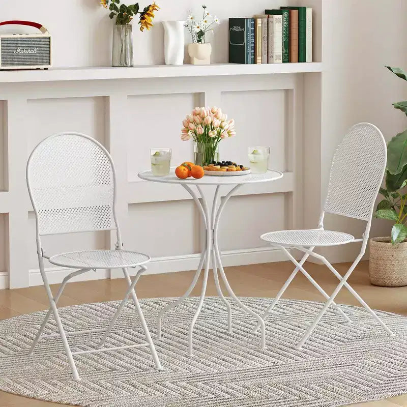Costway Ensemble Bistro 3 Pièces en Métal Table Ronde & 2 Chaises Pliantes Motif Rotin Noir/Blanc