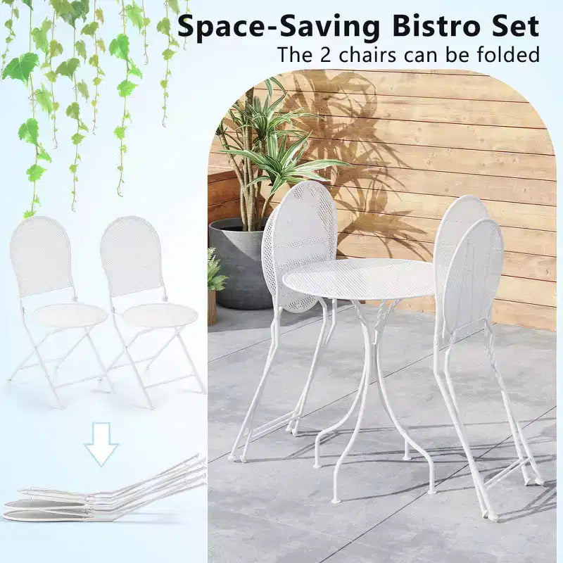 Costway Ensemble Bistro 3 Pièces en Métal Table Ronde & 2 Chaises Pliantes Motif Rotin Noir/Blanc