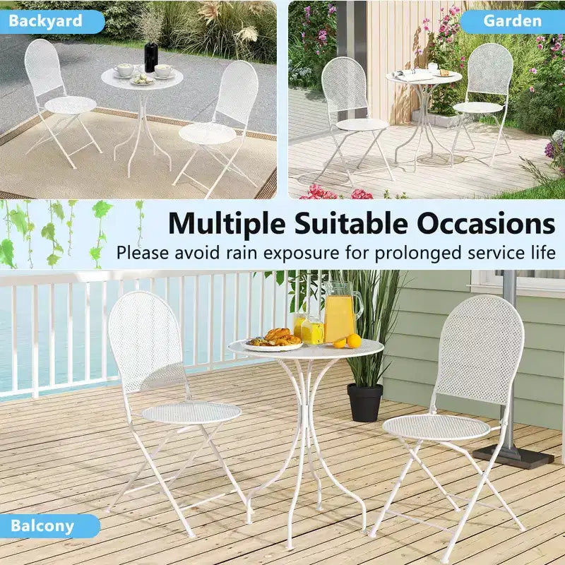 Costway Ensemble Bistro 3 Pièces en Métal Table Ronde & 2 Chaises Pliantes Motif Rotin Noir/Blanc