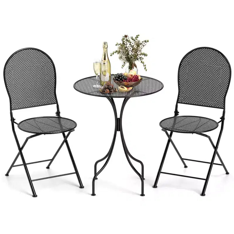 Costway Ensemble Bistro 3 Pièces en Métal Table Ronde & 2 Chaises Pliantes Motif Rotin Noir/Blanc