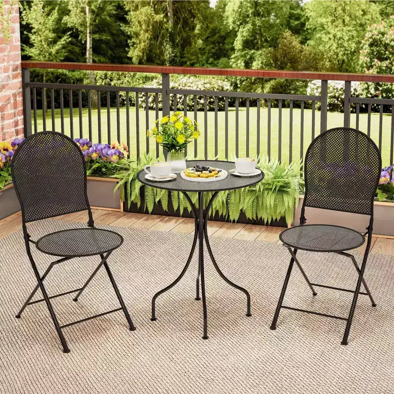 Costway Ensemble Bistro 3 Pièces en Métal Table Ronde & 2 Chaises Pliantes Motif Rotin Noir/Blanc