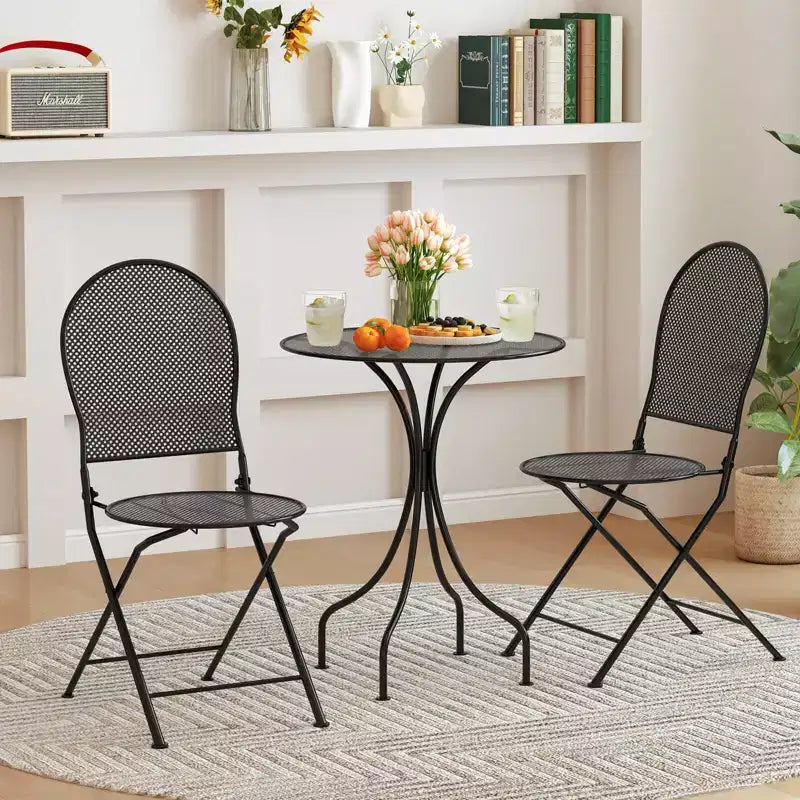 Costway Ensemble Bistro 3 Pièces en Métal Table Ronde & 2 Chaises Pliantes Motif Rotin Noir/Blanc