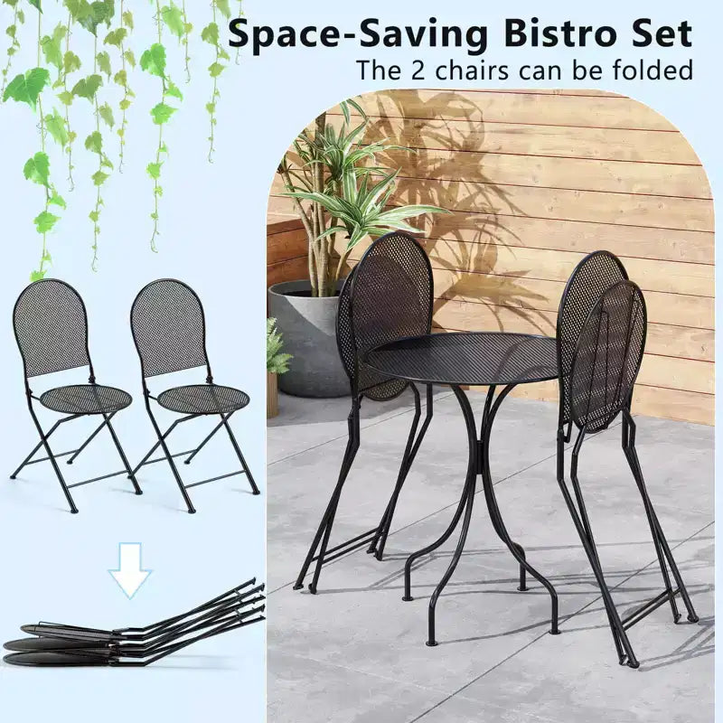 Costway Ensemble Bistro 3 Pièces en Métal Table Ronde & 2 Chaises Pliantes Motif Rotin Noir/Blanc
