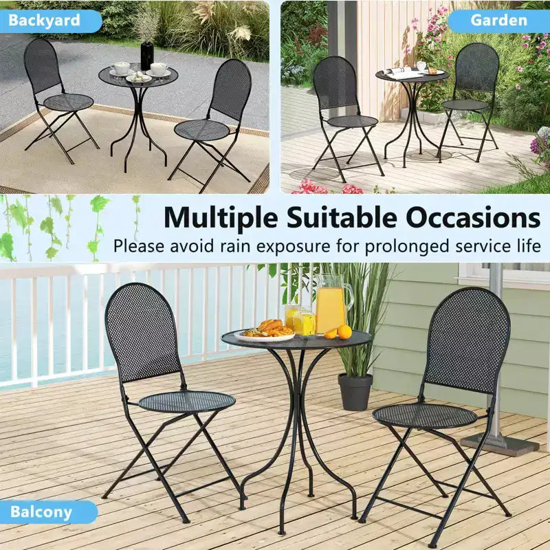 Costway Ensemble Bistro 3 Pièces en Métal Table Ronde & 2 Chaises Pliantes Motif Rotin Noir/Blanc