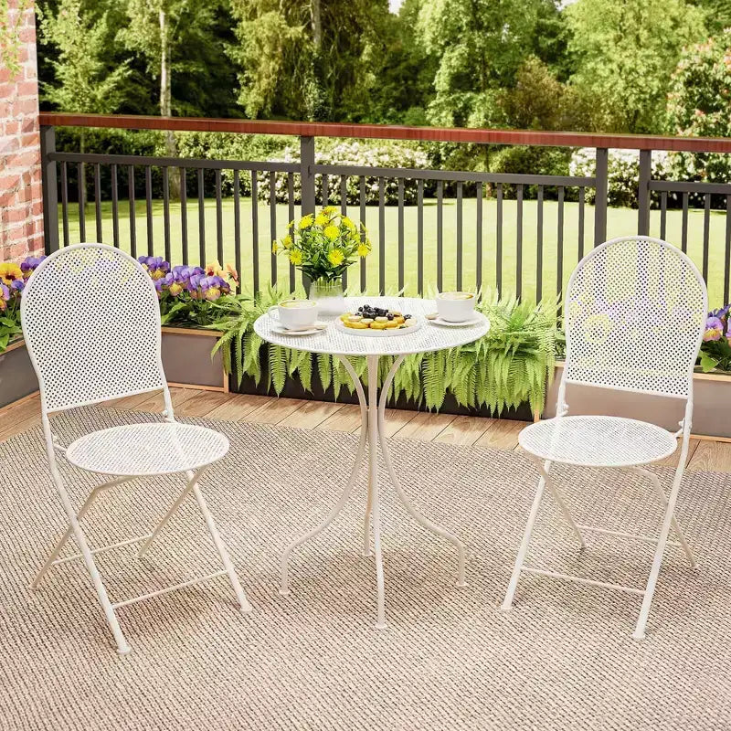 Costway Ensemble Bistro 3 Pièces en Métal Table Ronde & 2 Chaises Pliantes Motif Rotin Noir/Blanc