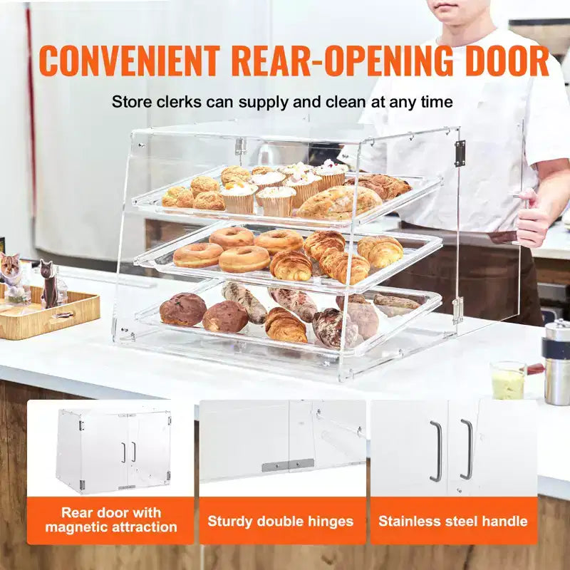 Vitrine à pâtisserie VEVOR, vitrine commerciale de comptoir à 3 niveaux pour boulangerie, présentoir en acrylique avec accès par porte arrière, 20,7x14,2x16,3 po