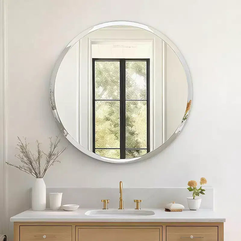 Miroir de salle de bain rond sans cadre pour lavabo avec bords biseautés - Miroir mural circulaire pour salle de bain et coiffeuse, look élégant et simple