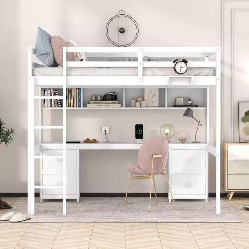 Lit mezzanine Whisen 78,4 L x 57,6 l po taille Full avec bureau, armoires, tiroirs et plateau de chevet, station de recharge intégrée, rangement multiple