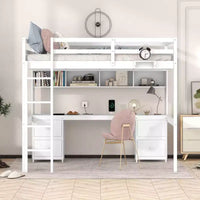 Lit mezzanine Whisen 78,4 L x 57,6 l po taille Full avec bureau, armoires, tiroirs et plateau de chevet, station de recharge intégrée, rangement multiple