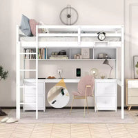 Lit mezzanine Whisen 78,4 L x 57,6 l po taille Full avec bureau, armoires, tiroirs et plateau de chevet, station de recharge intégrée, rangement multiple