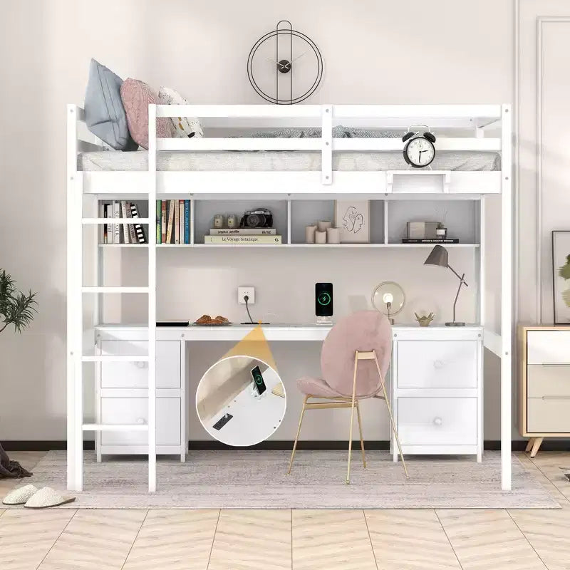Lit mezzanine Whisen 78,4 L x 57,6 l po taille Full avec bureau, armoires, tiroirs et plateau de chevet, station de recharge intégrée, rangement multiple