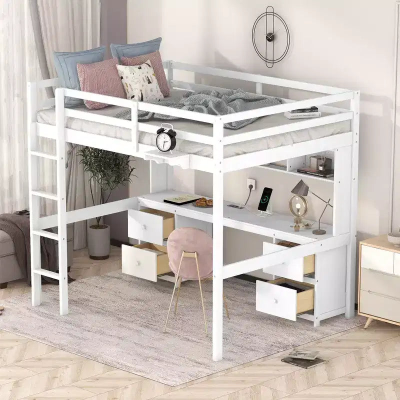 Lit mezzanine Whisen 78,4 L x 57,6 l po taille Full avec bureau, armoires, tiroirs et plateau de chevet, station de recharge intégrée, rangement multiple