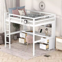 Lit mezzanine Whisen 78,4 L x 57,6 l po taille Full avec bureau, armoires, tiroirs et plateau de chevet, station de recharge intégrée, rangement multiple