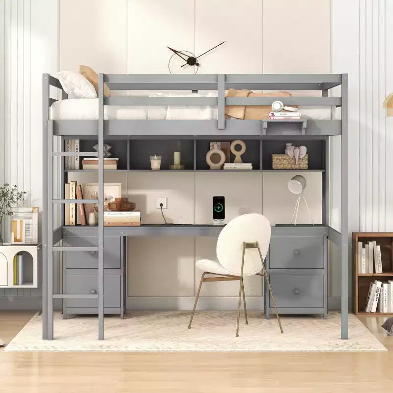 Lit mezzanine Whisen 78,4 L x 57,6 l po taille Full avec bureau, armoires, tiroirs et plateau de chevet, station de recharge intégrée, rangement multiple