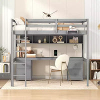 Lit mezzanine Whisen 78,4 L x 57,6 l po taille Full avec bureau, armoires, tiroirs et plateau de chevet, station de recharge intégrée, rangement multiple