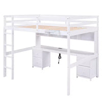 Lit mezzanine Whisen 78,4 L x 57,6 l po taille Full avec bureau, armoires, tiroirs et plateau de chevet, station de recharge intégrée, rangement multiple
