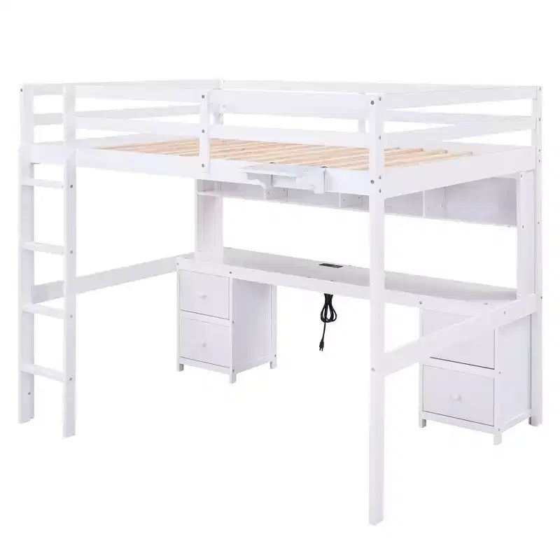 Lit mezzanine Whisen 78,4 L x 57,6 l po taille Full avec bureau, armoires, tiroirs et plateau de chevet, station de recharge intégrée, rangement multiple