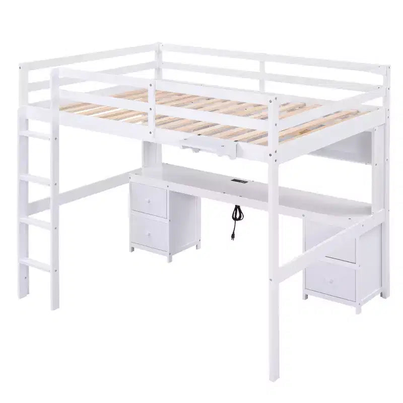 Lit mezzanine Whisen 78,4 L x 57,6 l po taille Full avec bureau, armoires, tiroirs et plateau de chevet, station de recharge intégrée, rangement multiple