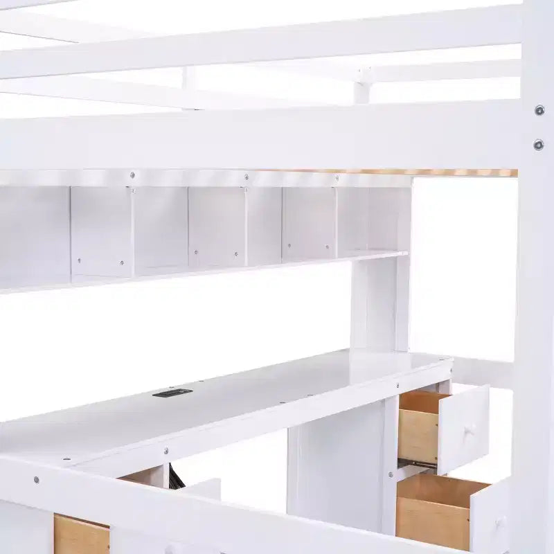 Lit mezzanine Whisen 78,4 L x 57,6 l po taille Full avec bureau, armoires, tiroirs et plateau de chevet, station de recharge intégrée, rangement multiple