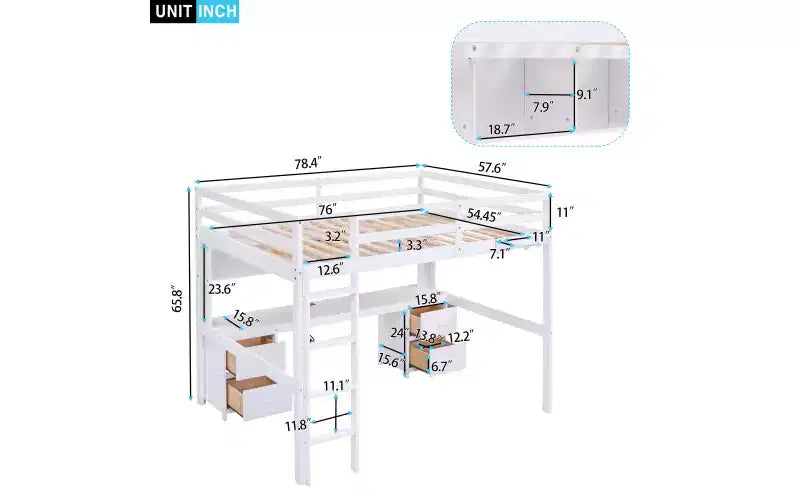 Lit mezzanine Whisen 78,4 L x 57,6 l po taille Full avec bureau, armoires, tiroirs et plateau de chevet, station de recharge intégrée, rangement multiple