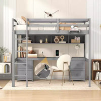 Lit mezzanine Whisen 78,4 L x 57,6 l po taille Full avec bureau, armoires, tiroirs et plateau de chevet, station de recharge intégrée, rangement multiple