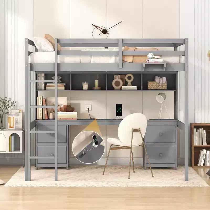 Lit mezzanine Whisen 78,4 L x 57,6 l po taille Full avec bureau, armoires, tiroirs et plateau de chevet, station de recharge intégrée, rangement multiple