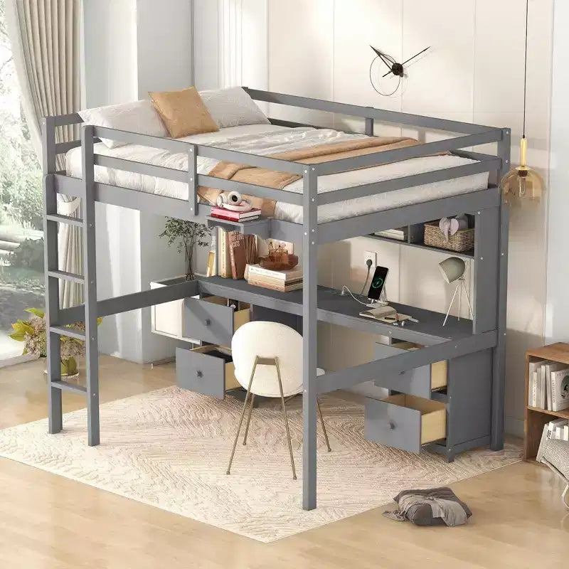 Lit mezzanine Whisen 78,4 L x 57,6 l po taille Full avec bureau, armoires, tiroirs et plateau de chevet, station de recharge intégrée, rangement multiple
