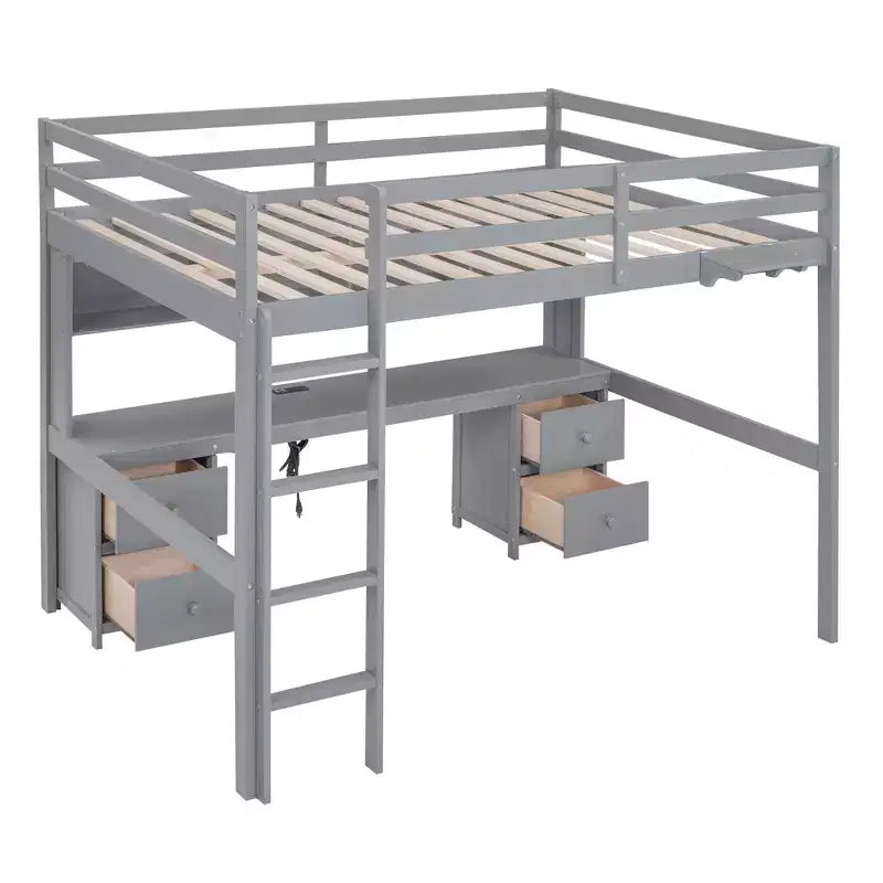 Lit mezzanine Whisen 78,4 L x 57,6 l po taille Full avec bureau, armoires, tiroirs et plateau de chevet, station de recharge intégrée, rangement multiple