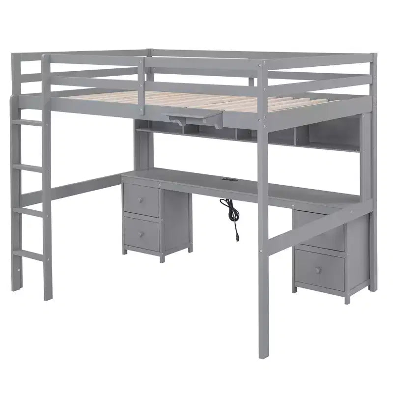 Lit mezzanine Whisen 78,4 L x 57,6 l po taille Full avec bureau, armoires, tiroirs et plateau de chevet, station de recharge intégrée, rangement multiple