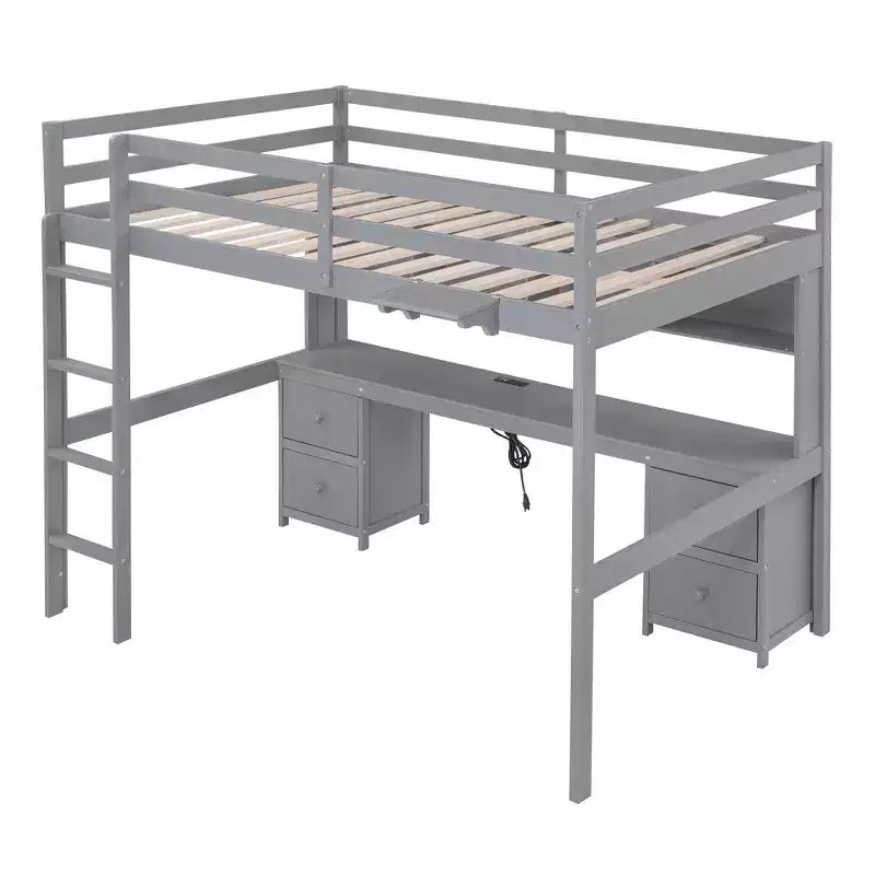 Lit mezzanine Whisen 78,4 L x 57,6 l po taille Full avec bureau, armoires, tiroirs et plateau de chevet, station de recharge intégrée, rangement multiple