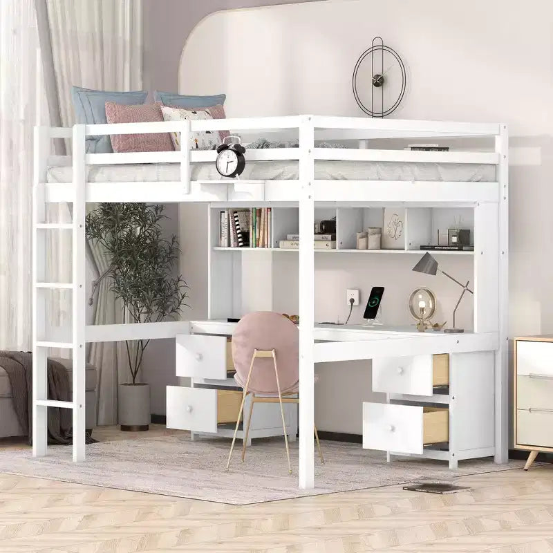 Lit mezzanine Whisen 78,4 L x 57,6 l po taille Full avec bureau, armoires, tiroirs et plateau de chevet, station de recharge intégrée, rangement multiple