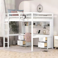 Lit mezzanine Whisen 78,4 L x 57,6 l po taille Full avec bureau, armoires, tiroirs et plateau de chevet, station de recharge intégrée, rangement multiple