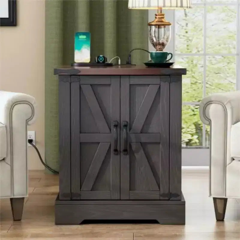 Table d'appoint polyvalente pour canapé en noyer 19,6 W avec portes de grange et charnières rétro pour chambre à coucher, salon, grise