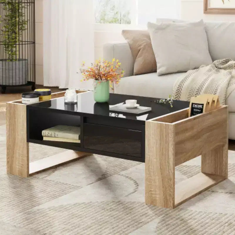 Table basse rectangulaire avec étagère de rangement ouverte pour salon, chambre, noir, 41.3*23.6