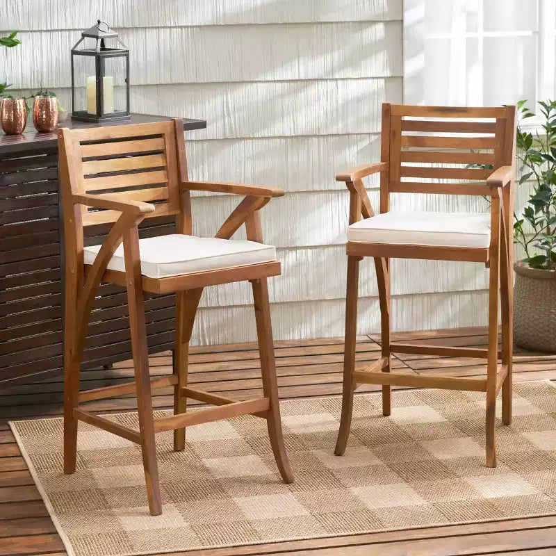 GDFStudio Baia Tabourets de bar d'extérieur en bois d'acacia de 74 cm avec coussin (Lot de 2)