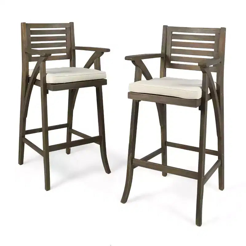 GDFStudio Baia Outdoor Acacia Wood 29 Inch Barstools with Cushion (Set of 2)
