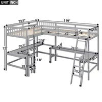 Whisen Lit mezzanine en bois en forme de L, taille double, 119 po L x 79,5 po l, avec échelle et 2 bureaux intégrés en forme de L